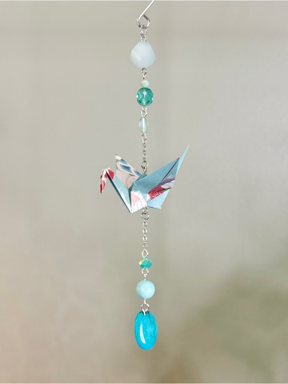 Origami Ornament #2466 - Small Crane with Glass and Stone Beads